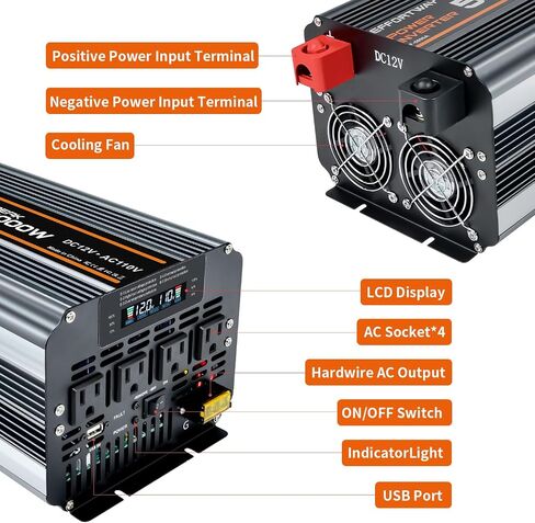5000 watt Power Inverter DC 12V to AC 110V/120V Converter,10000w Peak.Comes with LCD Display,Wireless Controller, 4AC outlets,1USB.RV Inverter,Suitable for Camping,and Off-Grid Solar Inverter Systems in Saudi Arabia