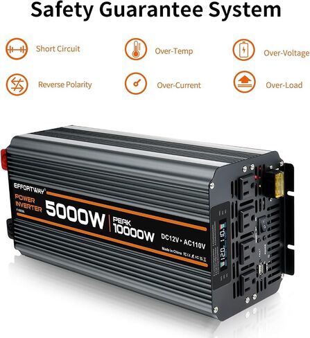 5000 watt Power Inverter DC 12V to AC 110V/120V Converter,10000w Peak.Comes with LCD Display,Wireless Controller, 4AC outlets,1USB.RV Inverter,Suitable for Camping,and Off-Grid Solar Inverter Systems in Saudi Arabia