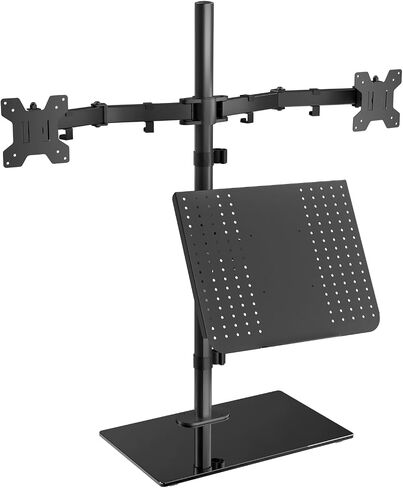 WALI Free Standing Dual Monitor and Laptop Stand, Height Adjustable Laptop Mount with Glass Base, Monitor Mount Fits up to 27 inch Monitors and 17 inch Laptops (GMF003LP), Black in Saudi Arabia