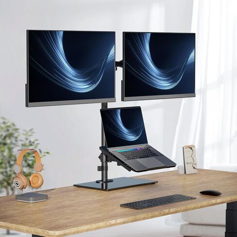 WALI Free Standing Dual Monitor and Laptop Stand, Height Adjustable Laptop Mount with Glass Base, Monitor Mount Fits up to 27 inch Monitors and 17 inch Laptops (GMF003LP), Black in Saudi Arabia