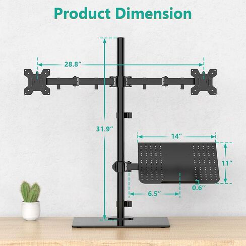 WALI Free Standing Dual Monitor and Laptop Stand, Height Adjustable Laptop Mount with Glass Base, Monitor Mount Fits up to 27 inch Monitors and 17 inch Laptops (GMF003LP), Black in Saudi Arabia
