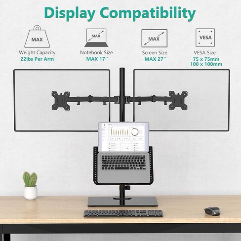 WALI Free Standing Dual Monitor and Laptop Stand, Height Adjustable Laptop Mount with Glass Base, Monitor Mount Fits up to 27 inch Monitors and 17 inch Laptops (GMF003LP), Black in Saudi Arabia