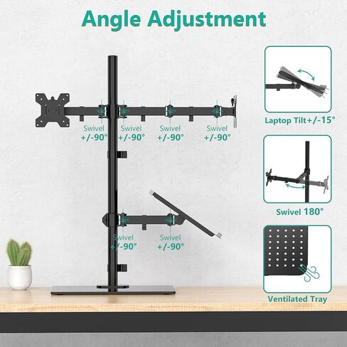 WALI Free Standing Dual Monitor and Laptop Stand, Height Adjustable Laptop Mount with Glass Base, Monitor Mount Fits up to 27 inch Monitors and 17 inch Laptops (GMF003LP), Black in Saudi Arabia