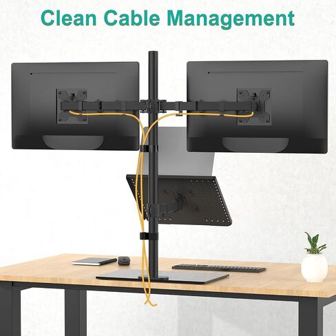 WALI Free Standing Dual Monitor and Laptop Stand, Height Adjustable Laptop Mount with Glass Base, Monitor Mount Fits up to 27 inch Monitors and 17 inch Laptops (GMF003LP), Black in Saudi Arabia