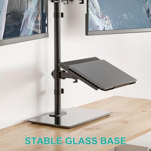 WALI Free Standing Dual Monitor and Laptop Stand, Height Adjustable Laptop Mount with Glass Base, Monitor Mount Fits up to 27 inch Monitors and 17 inch Laptops (GMF003LP), Black in Saudi Arabia