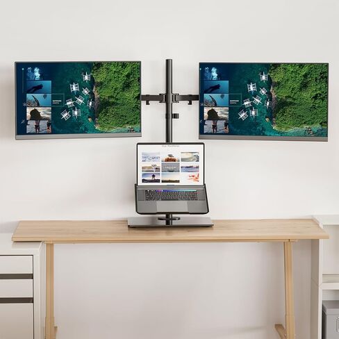 WALI Free Standing Dual Monitor and Laptop Stand, Height Adjustable Laptop Mount with Glass Base, Monitor Mount Fits up to 27 inch Monitors and 17 inch Laptops (GMF003LP), Black in Saudi Arabia