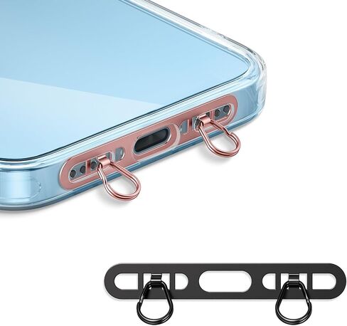 Metal Phone Tether Tab for iPhone, Cell Phone Lanyard Patch with 2 rings,made of stainless steel, thin and sturdy, does not affect charging, prevents dropping and losing (Rose Gold+black) in Saudi Arabia