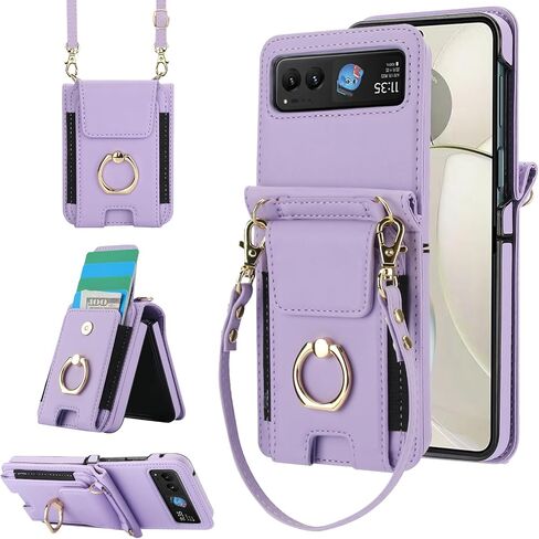 Phone Case for Motorola Razr 40/Moto Razr 2023 Wallet Cover With Ring and Crossbody Wrist Strap Lanyard Credit Card Holder Slot Stand XT2323-6 Razor Razer Razr2023 Razr40 Women Men Girls Purple in Saudi Arabia