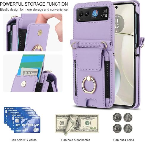 Phone Case for Motorola Razr 40/Moto Razr 2023 Wallet Cover With Ring and Crossbody Wrist Strap Lanyard Credit Card Holder Slot Stand XT2323-6 Razor Razer Razr2023 Razr40 Women Men Girls Purple in Saudi Arabia