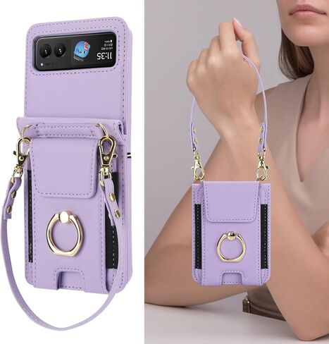 Phone Case for Motorola Razr 40/Moto Razr 2023 Wallet Cover With Ring and Crossbody Wrist Strap Lanyard Credit Card Holder Slot Stand XT2323-6 Razor Razer Razr2023 Razr40 Women Men Girls Purple in Saudi Arabia
