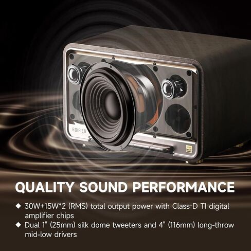 Edifier D32 Tabletop Wireless Speakers 60W RMS, Hi-Res Audio Bluetooth 5.3 Speaker Support LDAC, Portable Retro Wooden Compatible with AirPlay2, USB-C and AUX Inputs, 11 Hours Playtime, Black in Kuwait