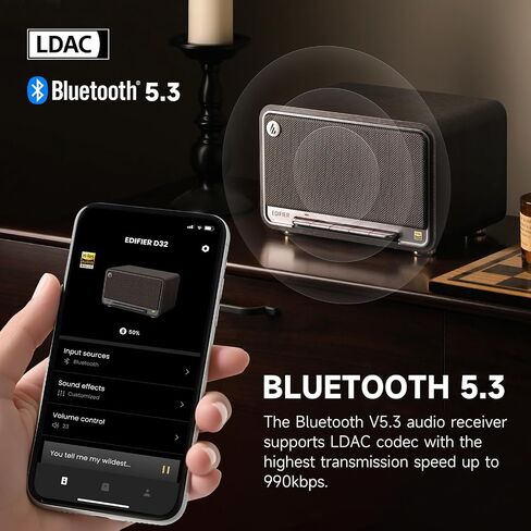Edifier D32 Tabletop Wireless Speakers 60W RMS, Hi-Res Audio Bluetooth 5.3 Speaker Support LDAC, Portable Retro Wooden Compatible with AirPlay2, USB-C and AUX Inputs, 11 Hours Playtime, Black in Kuwait