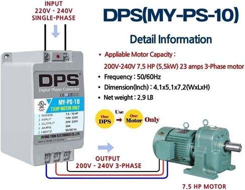 DPS Sinlge Phase to 3 Phase Converter, 7.5HP, 23A, Input/Output 200V - 240V My-PS-7.5 Model Used for 5HP(3.7kW) 15A Motor, DPS Must Be Used for 1 Motor Only, UL-Listed in Kuwait