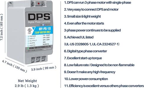 DPS Sinlge Phase to 3 Phase Converter, 7.5HP, 23A, Input/Output 200V - 240V My-PS-7.5 Model Used for 5HP(3.7kW) 15A Motor, DPS Must Be Used for 1 Motor Only, UL-Listed in Kuwait