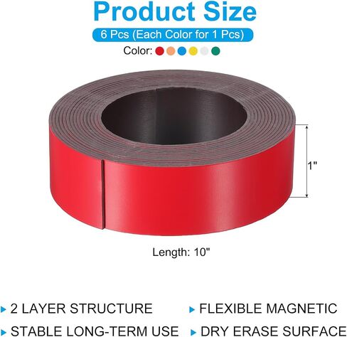 PATIKIL 19.7ft x 1 inch Dry Erase Magnetic Label Strip, 6Pcs Blank Magnet Sticky Labels Magnetic Tag Roll Tape for Whiteboard Refrigerator Classroom, Blue/White/Red/Yellow/Green/Orange in Saudi Arabia