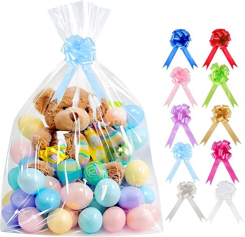 CMFYHM 10 Pack Large Cello/Cellophane Bags with White Polka Dot (30in x 40in) Clear Basket Bags,Clear Cellophane Wrap Bags for Gift Baskets, Clear Gift Bags with 10 Colour Bows in Saudi Arabia