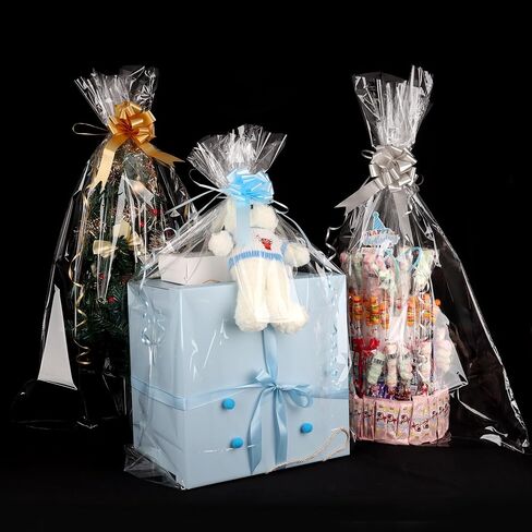 CMFYHM 10 Pack Large Cello/Cellophane Bags with White Polka Dot (30in x 40in) Clear Basket Bags,Clear Cellophane Wrap Bags for Gift Baskets, Clear Gift Bags with 10 Colour Bows in Saudi Arabia