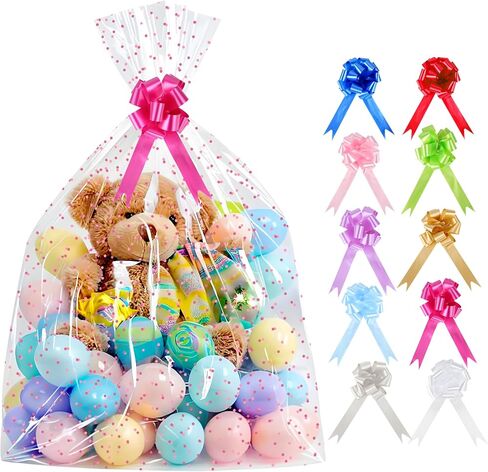 CMFYHM 10 Pack Large Cello/Cellophane Bags with White Polka Dot (30in x 40in) Clear Basket Bags,Clear Cellophane Wrap Bags for Gift Baskets, Clear Gift Bags with 10 Colour Bows in Saudi Arabia