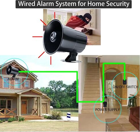 12v Wired Horn Siren Alarm System for Home Security with ON/Off Switch, 110V Power Supply and118 Inch Extension Cable, Easy Installation with All Accessories Provided. in Kuwait