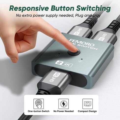 HDMI Switch 2 in 1 Out, 4K@60Hz Ultra HD Signal Switcher, Two Computer One Monitor Splitter Support HDR 3D for Game Console PS5/PS4 Xbox Roku Fire TV Stick PC Laptop, Aluminum Uni-directional Selector in Saudi Arabia
