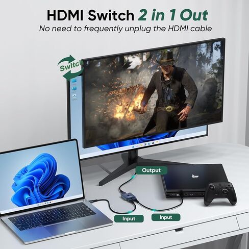 HDMI Switch 2 in 1 Out, 4K@60Hz Ultra HD Signal Switcher, Two Computer One Monitor Splitter Support HDR 3D for Game Console PS5/PS4 Xbox Roku Fire TV Stick PC Laptop, Aluminum Uni-directional Selector in Saudi Arabia