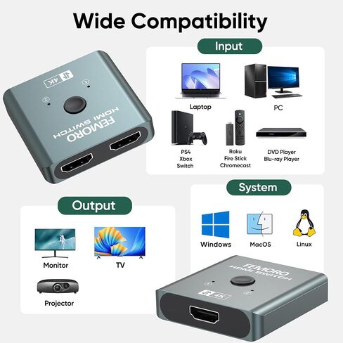 HDMI Switch 2 in 1 Out, 4K@60Hz Ultra HD Signal Switcher, Two Computer One Monitor Splitter Support HDR 3D for Game Console PS5/PS4 Xbox Roku Fire TV Stick PC Laptop, Aluminum Uni-directional Selector in Saudi Arabia