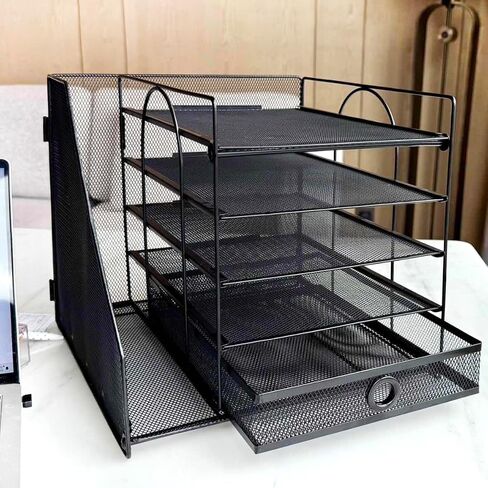 5-Tier Paper Letter Organizer with File Holder, Desk Organizer with Drawer, Mesh Desktop Storage with Magazine Holder for Office Supplies (White) in Saudi Arabia