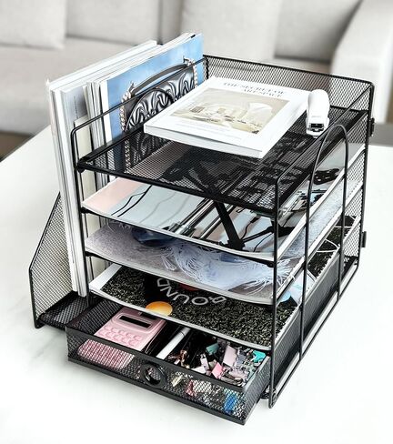 5-Tier Paper Letter Organizer with File Holder, Desk Organizer with Drawer, Mesh Desktop Storage with Magazine Holder for Office Supplies (White) in Saudi Arabia