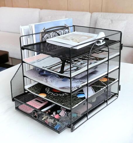 5-Tier Paper Letter Organizer with File Holder, Desk Organizer with Drawer, Mesh Desktop Storage with Magazine Holder for Office Supplies (White) in Saudi Arabia