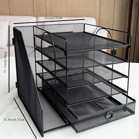 5-Tier Paper Letter Organizer with File Holder, Desk Organizer with Drawer, Mesh Desktop Storage with Magazine Holder for Office Supplies (White) in Saudi Arabia