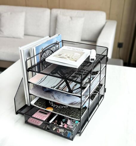 5-Tier Paper Letter Organizer with File Holder, Desk Organizer with Drawer, Mesh Desktop Storage with Magazine Holder for Office Supplies (White) in Saudi Arabia