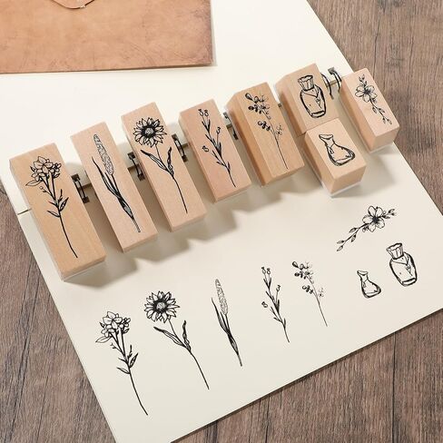 TIESOME 8 PCS Vintage Wooden Rubber Stamps, Plant and Flower Decorative Wooden Rubber Stamp Set for DIY Crafting Scrapbook Painting Letters Diary Teaching and Card Making (Forest Whispers) in Saudi Arabia