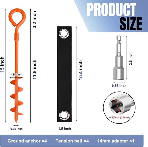 Eurmax USA Trampoline Anchor Kit Trampoline مرساة المسمار في خيمة مخاطر الأجزاء الترامبولين مراسي أرضية شديدة التحمل للترامبولين ، الستائر ، الخيام ، حصص مرساة في الهواء الطلق 4 عبوات مع الأشرطة (برتقالي) in Saudi Arabia
