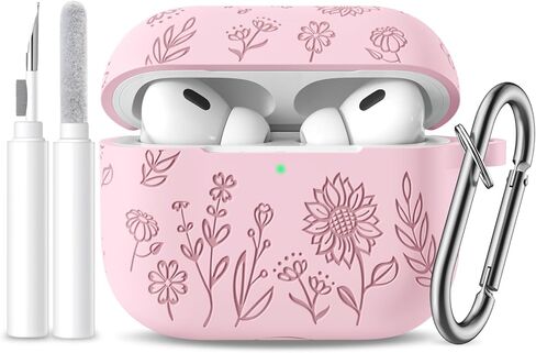 علبة الجيل الثاني من Airpods Pro Pro مع مجموعة نظافة وسلسلة مفاتيح ، زهرة لطيفة محفورة بالسيليكون الناعم. in Kuwait