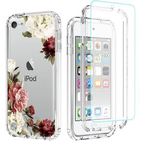 Phone Case for iPod Touch 6/Touch 5/Touch 7 Case with Tempered-Glass Screen Protector, Cute Clear Floral Pattern Full Body Protective Cover Cases for iPod Touch 5th / 6th / 7th (Flower)
