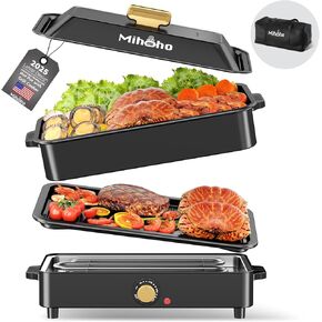 Slow Cooker Large Capacity Non-stick Vessel with Lid, 1400W 2-in-1 Electric Skillet for Grill and Hotpot with Carry Bag, Cooker with Adjustable Temperature (Black A)