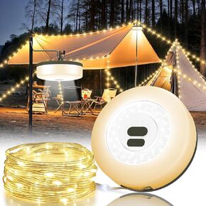 Camping String Lights, 4 in 1 Quick Storage 32.8FT Rechargeable Tent Lights with 6 Modes Hanging Waterproof Camp Lamp Camping Essentials for AwnTent Hiking Garden Bedroom Festival (Warm White)-2Pack