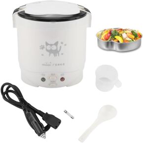 1L Mini Rice Cooker, 12V Electric Lunch Box Multifunctional Portable Rice Cooker Food Automatic Non Stick Pot for Car Travel Camping (White)