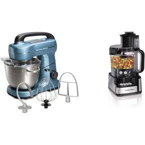 Hamilton Beach Electric Stand Mixer, 4 Quarts, Dough Hook, Flat Beater Attachments, Blue & Stack & Snap Food Processor and Vegetable Chopper, 2-Speed 450 Watt Motor, Black