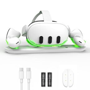 BINBOK VR Charging Dock for Meta Quest 3, Magnetic Charging Station for Oculus/Meta Quest 3 VR Headset & Controllers, LED Indicators, 45W Adapter and Cable, 2 Rechargeable Batteries