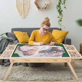 Jigsaw Puzzle Table with Folding Legs, 34 "x 26" Wooden Puzzle Table with 4 Drawers and Cover, Portable Puzzle Enlightenment Board for Puzzle Storage and Sorting - 1500 Piece