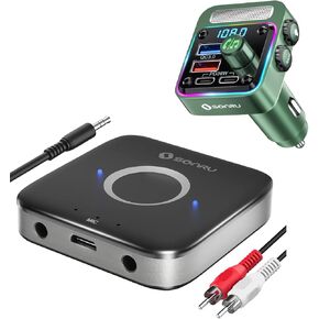 محول Bluetooth AUX للسيارة ، Sonru Bluetooth 5.3 محول مستقبل الصوت اللاسلكي لاستريو المنزل ، شاحن السيارة 54W [PD 36W & QC3.0 18W] ، جهاز إرسال راديو FM اللاسلكي [Hifi Treble & Bass Player]