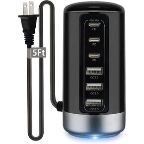 Universal USB & USB C Tower Fast Charging Station 6-Port 60W - Compact, Space-Saving Design with Multiple USB & USB-C Ports for All iPhone Galaxy Note Pixel iPad Multiple Devices