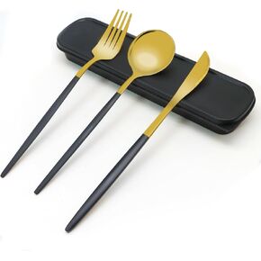 Travel Utensils with Case, 4 Piece Portable Stainless Steel Flatware Set, Reusable Travel Cutlery Set, Easy to Clean for Camping Picnic Hiking Office (Black Golden)