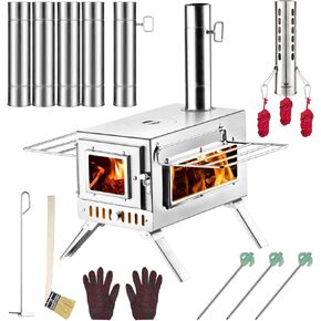 Hot Tent Stove, AVOFOREST 304 Stainless Wood Burning Stove, Portable Wood Stove with 6 Stainless Chimney Pipes for Outdoor Heating & Cooking, Ice Fishing, Hunting