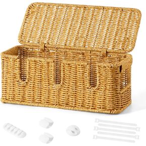 Handmade Cable Management Box,Imitation Rattan Cord Organizer with Lid,Extra 3 Open Slots Cord Hider for TV Wires Computer Router USB Hub,Cable Organizer Box to Hide Cords and Power Strips