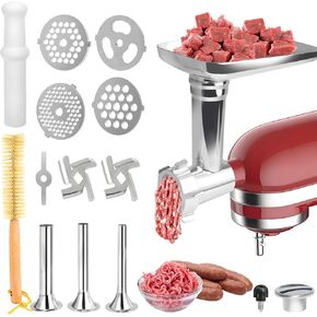 Metal Meat Grinder Attachment for Kitchen Aid Stand Mixers, Meat Grinder Attachment Replacement Includes 3 Sausage Stuffer Tubes, 4 Grinding Plates, 3 Grinding Blades, Screw, Front Cover