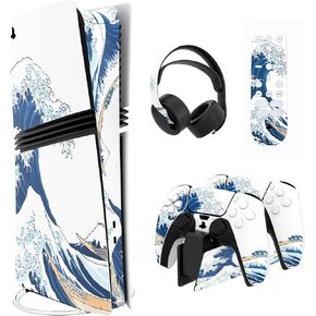 PlayVital Full Set Skin Stickers for ps5 Pro Console Digital & Disc, Vinyl Decal Wrap Accessories for ps5 Controller & Headset & Charging Station & Media Remote, The Great Wave Off Kanagawa