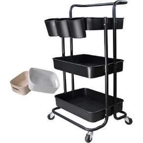 3 Tier Utility Rolling Cart Storage Organizer Shelf Rack with 3PCS Hanging Cups + 8PCS Hooks + 2PCS Storage Box for Home Office Kitchen Bathroom Storage (Pink 3 Cup+8 Hook+2 Storage Box)