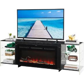 VECELO Fireplace TV Stand for Televisions up to 75" with 3D Flame/13 Colors, Modern Media Entertainment Center Console Table with LED Lights 3 Tier Transparent Storage Shelves, for Living Room, White